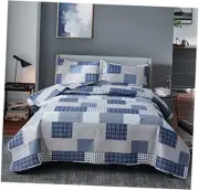 Bedspread Set King Size Plaid Quilt Bedding King Grey Blue Patchwork Modern