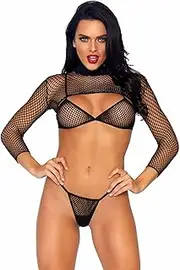 [Leg Avenue] Womens 3 Pc Fishnet Bikini Top, G-String Panties, Long Sleeve Crop Top Set