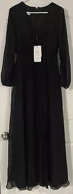 JJs House A-Line V-Neck Maxi Chiffon Bridesmaid Dress With Bow Pleated Sz 4