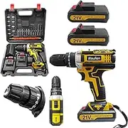 21V Cordless Impact Drill – Dual-Speed (0-1500 RPM) Hammer Drill with 2 Batteries, 25 Torque Settings & All-Metal Chuck for Concrete, Metal, Tile, DIY & Construction (Yellow)