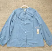 ST JOHN'S BAY top NWT blouse sky blue shirt cotton stunning XL Tag $44 attached
