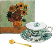 Van Gogh Series Fine Bone China Coffee Cup, Tea Cup Spoons and Saucer Perfect Birthday Holiday Commemorative Gift (White Roses)