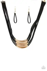 NEW Paparazzi necklace WALK THE WALKABOUT gold rods black suede cording