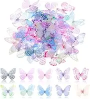 60pcs Butterflies for Crafts Organza Fabric Butterfly Appliques Colorful 3D Lace Butterfly Wings Wall Decor 2 Layer Wall Decoration for DIY Wedding Birthday Party Clothes Ornament Home Jewelry Making