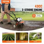 Tiller Cultivator Gas Powered, 43CC 2-Stroke Garden Cultivator, Tiller with 4 Steel Adjustable Front Tines for Lawn, Garden and Field Soil Cultivation