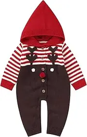 [Generic] Boys Hoodies Pullover Newborn Infant Boy Girl Christmas Deer Knitted Sweater Baby Hooded Striped Jumpsuit Romper Cotton 1 Piece Outfits Clothes Boys Olive Sweater