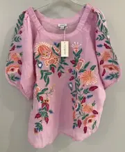 NWT Sundance Catalog Pink Floral Embroidered Bohemian Peasant Top Size PXL
