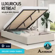 ALFORDSON Bed Frame Double Size Gas Lift Storage Mattress Base Beige WILBUR