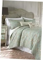 - Lyon Quilt Set -/Cal Quilt + Two Pillow Shams - Bird Toile - King Teal