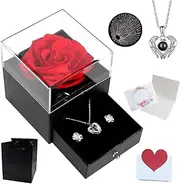 Rose Jewelry Gift Box for Women - 100 Languages "I Love You" Heart Necklace Set, Romantic Anniversary, Birthday & Valentine's Day Presents with Red Rose Decor