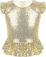 [TiaoBug] Girls Sparkly Sequin Tops Short Flutter Sleeves Crewneck Glitter Blouse Shirt for Dance Party