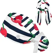 [FVQL] 2 Pack Bouffant Scrub Caps Women, Ponytail Scrub Cap with Hair Scrunchies, Stripe and Fruit Cherry Pattern