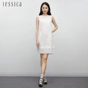【JESSICA】氣質花卉蕾絲拼接紗裙擺無袖洋裝（白）