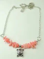 Coral & Turtle Necklace with Chain Statement Handmade