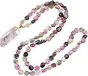 [HXSCOO] Natural White Quartz Tusk Point Pendant Rainbow Tourmaline Stone Beads Handmade Knot Mala Necklace Long 32 Inch