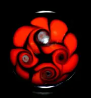 ERIC SPINNEY GLASS MARBLE/1.179"-WHIRLPOOL/LADY BUG-TANGERINE,TURQ.,YELLOW,ORG