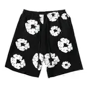 Summer Men Shorts Flower Print Drawstring Elastic Waist Loose Pockets Pleated Vacation Beach Sport C