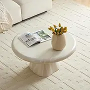 Round Coffee Table, Fiberglass 80CM Marble Faux Pattern Center Table, Modern Stone End Table Minimalist Accent Table for Living Room, Bedroom, Office, Waiting Area, No Needed Assembly (Beige)
