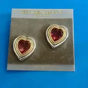 Givenchy Vintage Pink Faceted Gold and Silver Framed Heart Clip Earrings Carded