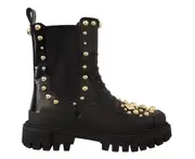 Dolce & Gabbana Black Leather Studded Combat Boots Shoes Women Shoes Boots