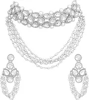 [Aheli] Silver Plated Crystal & Beads Studded 2 Layer Necklace Earrings Set Ethnic Jewellery for Women, One Size, Metal, No Gemstone