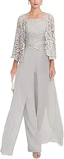 [Botong] Women's Chiffon Mother of Bride Dress Pant Suits 3 Pieces with Appliques Lace Jacket for Weddinng