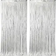 CYBERNOVA 2 Pack Fringe Curtain Backdrop, 3.2Ft x 6.6Ft Metallic Tinsel Foil Fringe Streamers Curtains Background for Wedding Birthday Anniversary Graduation Party Decoration (Silver)