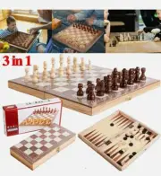 3In1 Folding Wooden Chess Set Board Game Checkers Backgammon