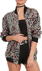 [RTY-BY] Women Shiny Glitter Mermaid Sequins Zipper Blazer Long Sleeve Front Zipper Sparkle Coat Fashion Outfit for Concert Party