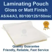 Quality Laminating Pouches Gloss or Matt - A5/A4/A3, 80/100/125/150mic (PK 100)