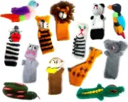 Jungle Animal Finger Puppets Wool Knit Assorted Wild Zoo Characters 12 Piece Set