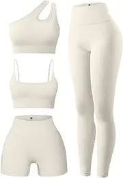 [OQQ] Women's 4 Piece Outfits Ribbed Exercise Scoop Neck Sports Bra One Shoulder Tops High Waist Shorts Leggings Active Set