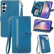 [Asuwish] Mobile Phone Case for Samsung Galaxy A55 5G Case with Screen Protector Card Slot Foldable Leather Wallet Stand A 55 55A A555G Mobile Phone Cases Protective Zip Mobile Phone Case Blue