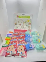 Cocomelon Kids Birthday Party Hanging Swirl Decoration plus toys for goodies bag