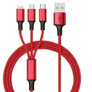 Multi Charger 1.2m Cable 3in1 Fast Charging Nylon USB Universal Type-C Micro Red