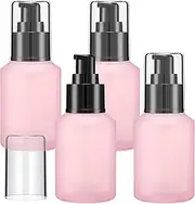 4 Pcs 60ml/2oz Empty Refillable Pink Frosted Glass Creams Lotions Bottles with Pump Vial Cosmetic Dispenser Jars Makeup Emulsion Liquids Storage Container Portable Travel Bottle Cosmetic Container
