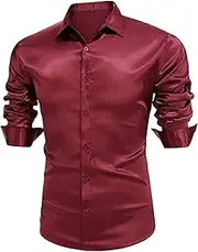 [DGHM-JLMY] Men's Fashion Satin Solid Color Shirt Long Sleeve Shiny Muscle Dress Shirt Silk Casual Dance Party Tuxedo Shirt