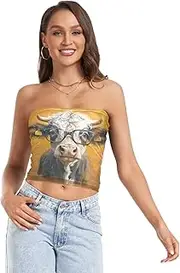 [RPLIFE] Highland Cow Yellow Tube Tops for Women, Trendy Crop Tops, Sheer Tube Tops, Summer Tops (S)