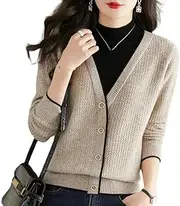 XUGYAO Cardigan Autumn and Winter Women's Solid Color Patchwork Fake Two-Piece High Neck Long Sleeved Single Breasted Casual Formal Tops Apricot