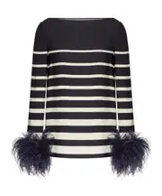 Valentino Striped Feather Detailed Top IT40 Ivory/Navy Blue
