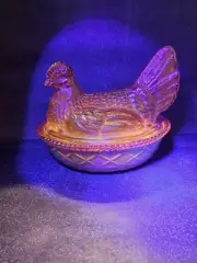 Mosser Marigold Carnival Glass Hen On A Nest. Covered Dish GLOWS!