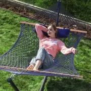 PNAEUT Double Hammock with Stand for Outside, Rope Hammocks with Hardwood Spr...