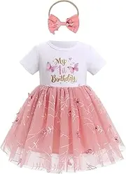 [IBTOM CASTLE] Baby Girl 1st Birthday Outfit One Year Old Princess Embroidered Tulle Tutu Dress and Headband for Cake Smash