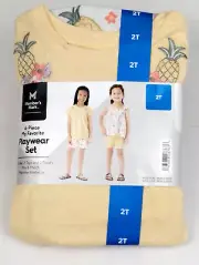 Girls 4 Piece 2T Playwear Set, Yellow White Pineapples, Tops Shorts Kids Outfits