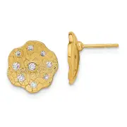 14k Yellow Gold Polished and Textured Real Diamond Circle Post Earrings