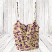 ZARA Juniors M Purple Halter Crop Top Floral Print Zip Side Lined - NWT