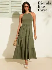 Friends Like These Khaki Green 2 in 1 Cotton Mix Racer Tiered Midi Dress (AR7413) | $83