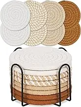8 Pcs Drink Coasters with Holder, Boho Minimalist Cotton Woven Coasters Set for Drinks Absorbent Coffee Table Home Decor Bar Tabletop Protection, Suitable for Kinds of Cups 4.3 Inch