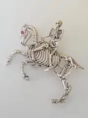 Skeleton Riding Horse 925 Sterling Silver Natural Ruby Eyes Brooch