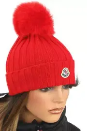 NEW MONCLER CORAL RED WOOL LOGO BEANIE POM POM HAT ONE SIZE 100% AUTHENTIC!